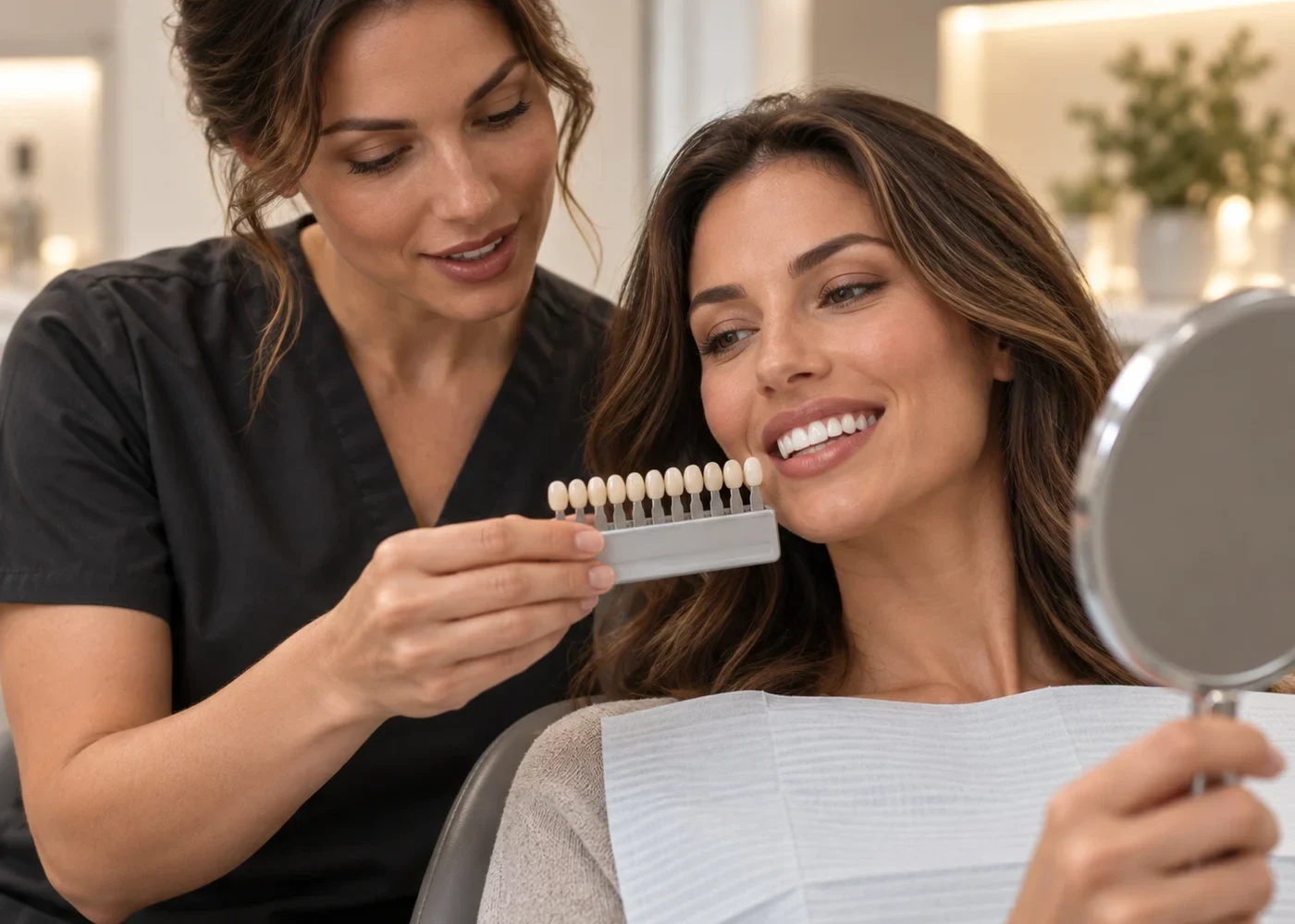 Assessing tooth colour with a shade guide before teeth whitening